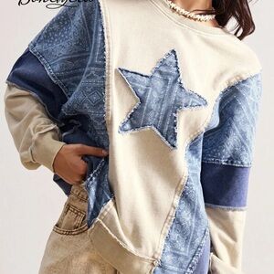 Blue and Cream Patchwork Star Sweatshirt